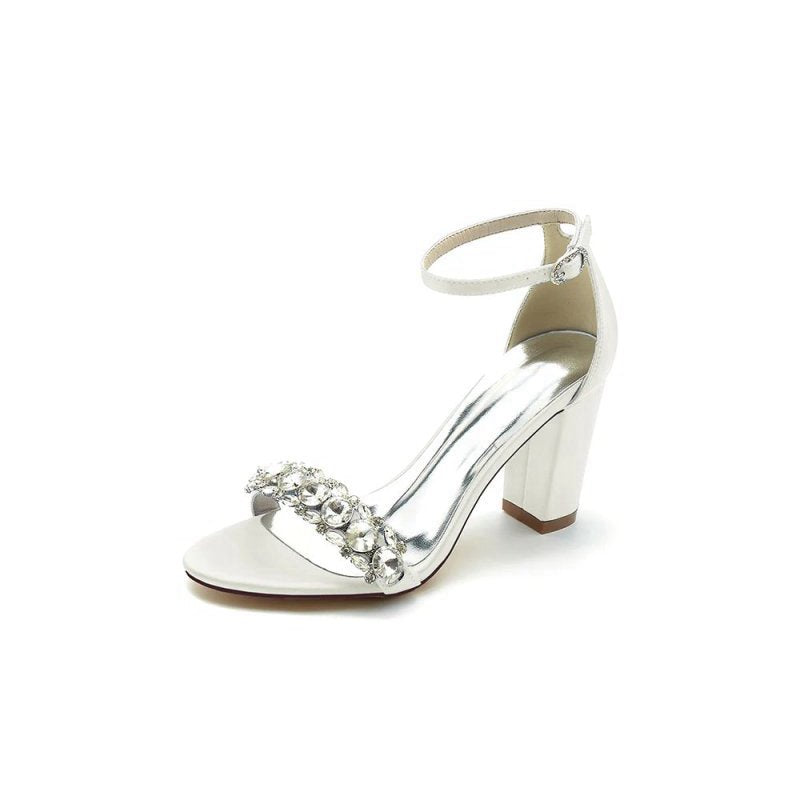 Open Toe Chunky Heels with Rhinestone