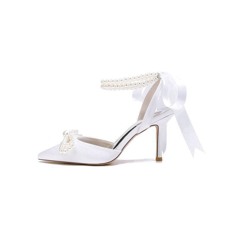 Pointed Toe Pearl Strap with Ribbon Tie