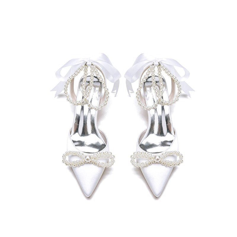 Pointed Toe Pearl Strap with Ribbon Tie