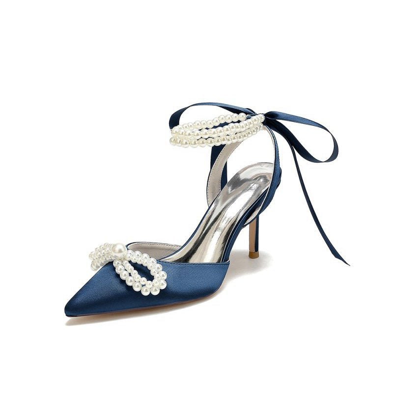 Pointed Toe Pearl Strap with Ribbon Tie