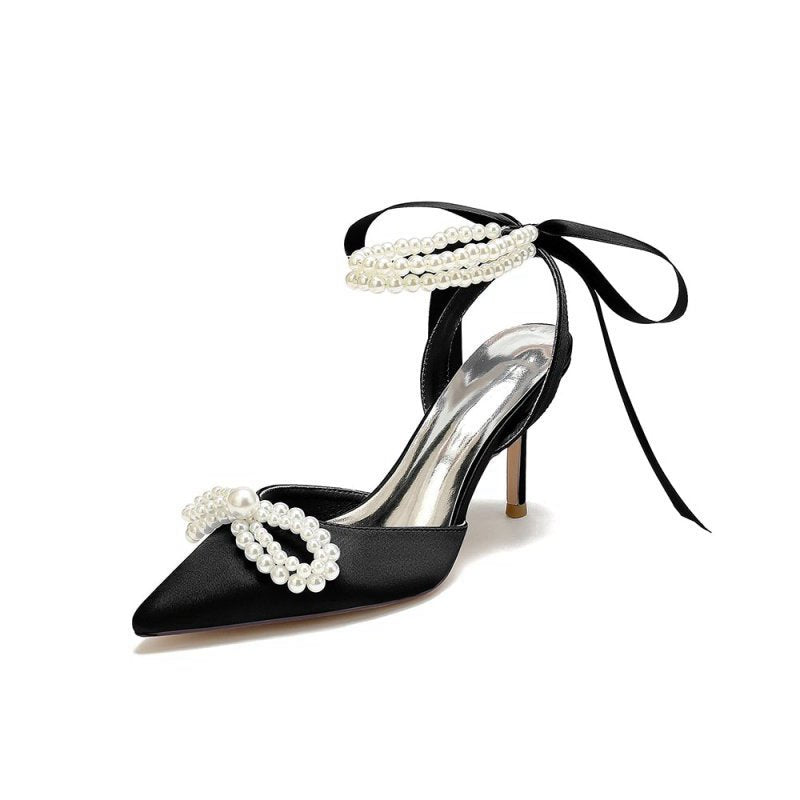 Pointed Toe Pearl Strap with Ribbon Tie