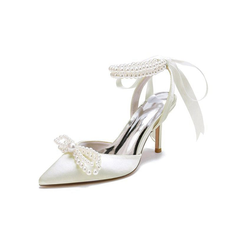 Pointed Toe Pearl Strap with Ribbon Tie