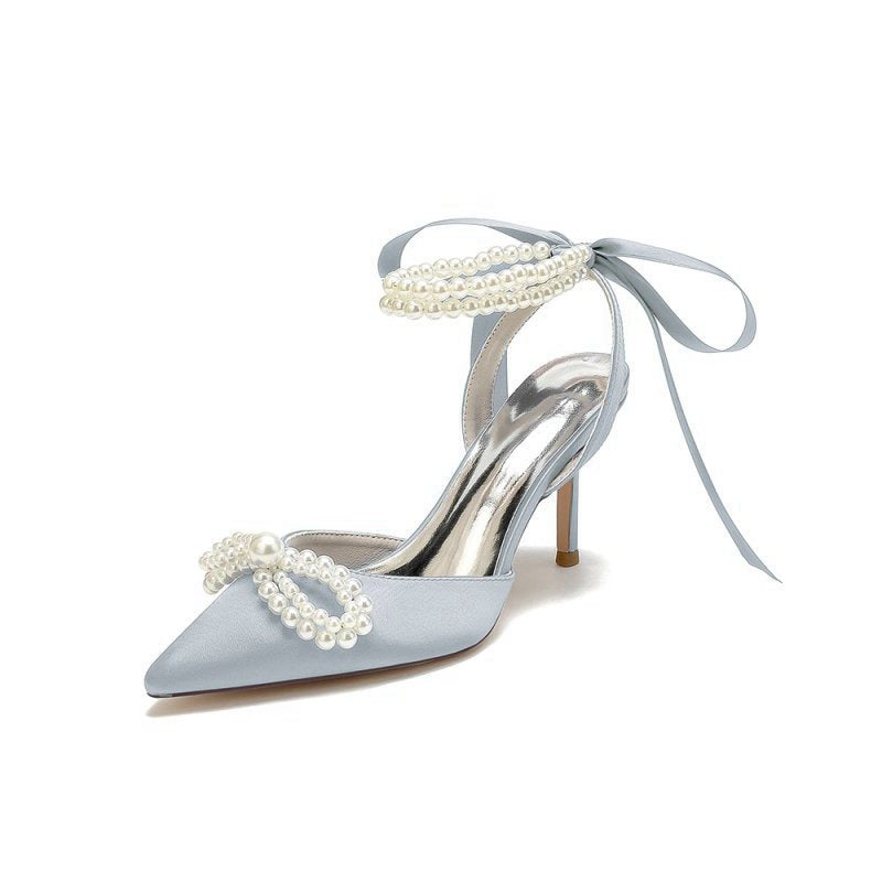Pointed Toe Pearl Strap with Ribbon Tie