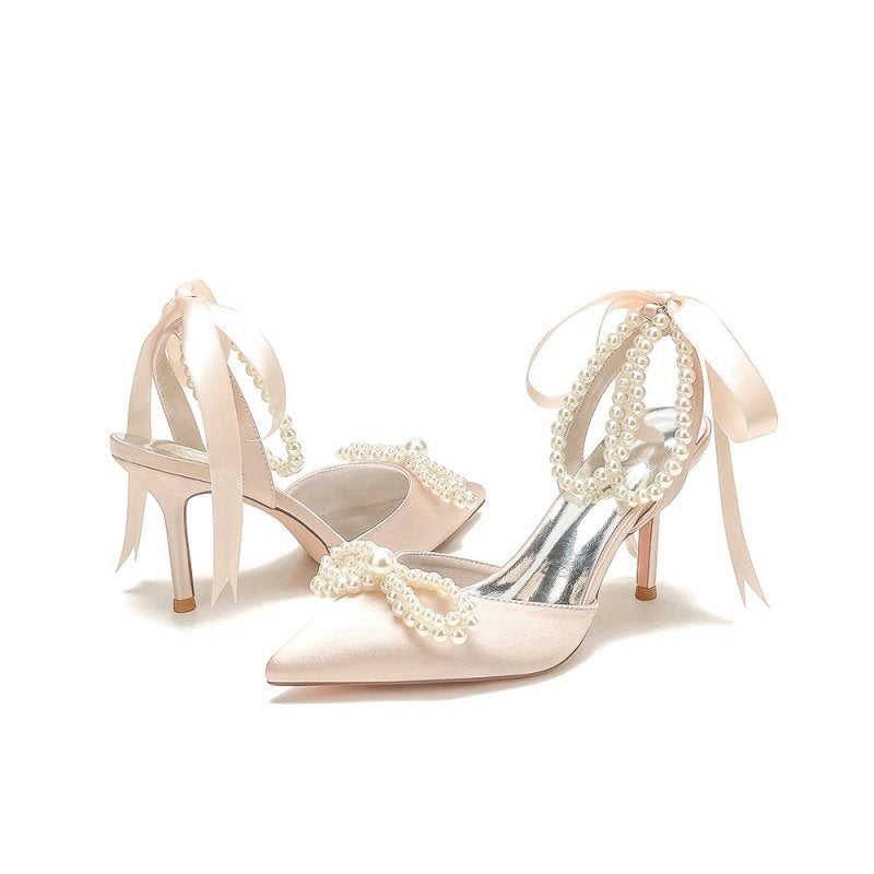 Pointed Toe Pearl Strap with Ribbon Tie