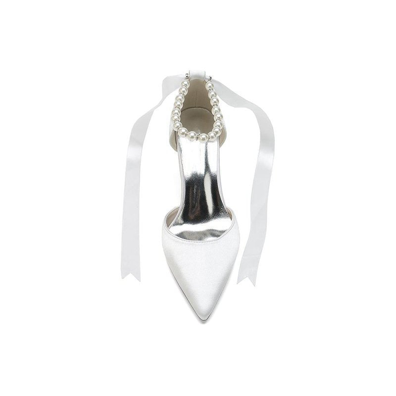 Pointed Toe Pearl Strap Ribbon Tie High Heel
