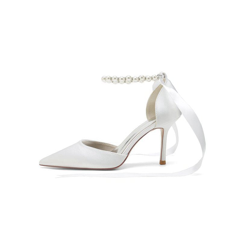 Pointed Toe Pearl Strap Ribbon Tie High Heel