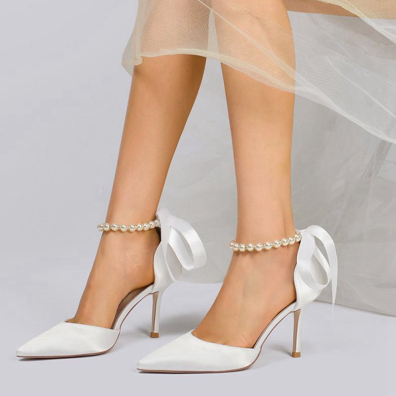 Pointed Toe Pearl Strap Ribbon Tie High Heel