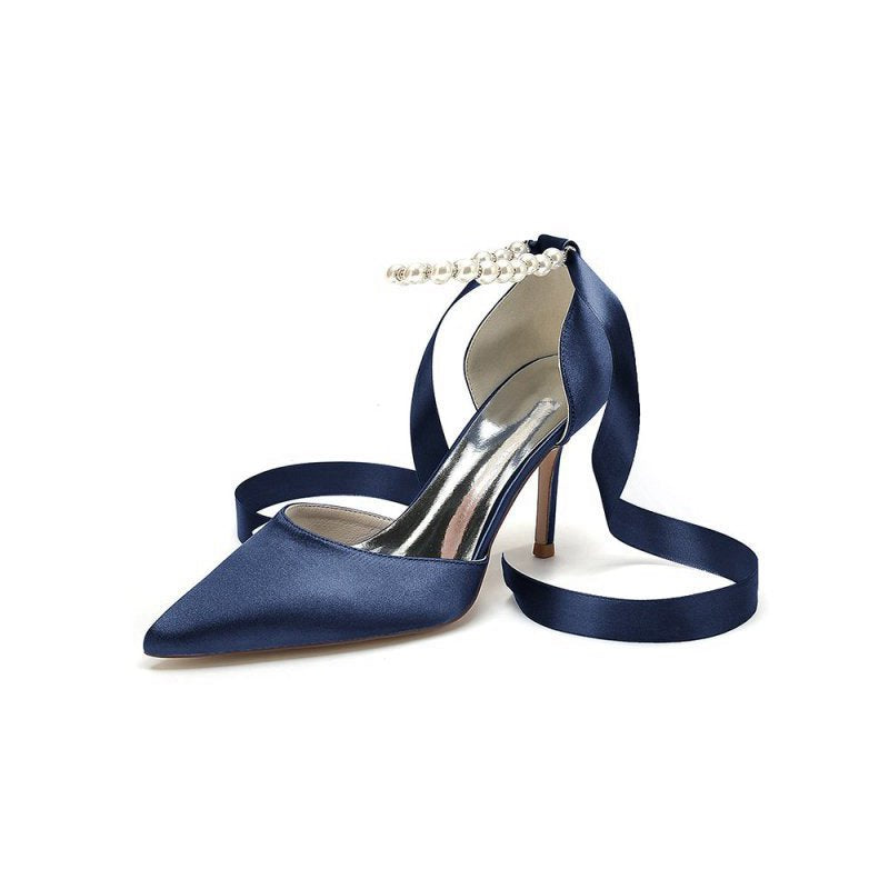 Pointed Toe Pearl Strap Ribbon Tie High Heel
