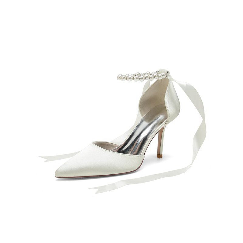 Pointed Toe Pearl Strap Ribbon Tie High Heel