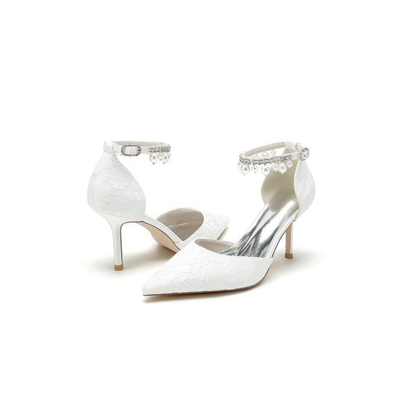 Pointed Toe Bridal Heels Pearl Strap