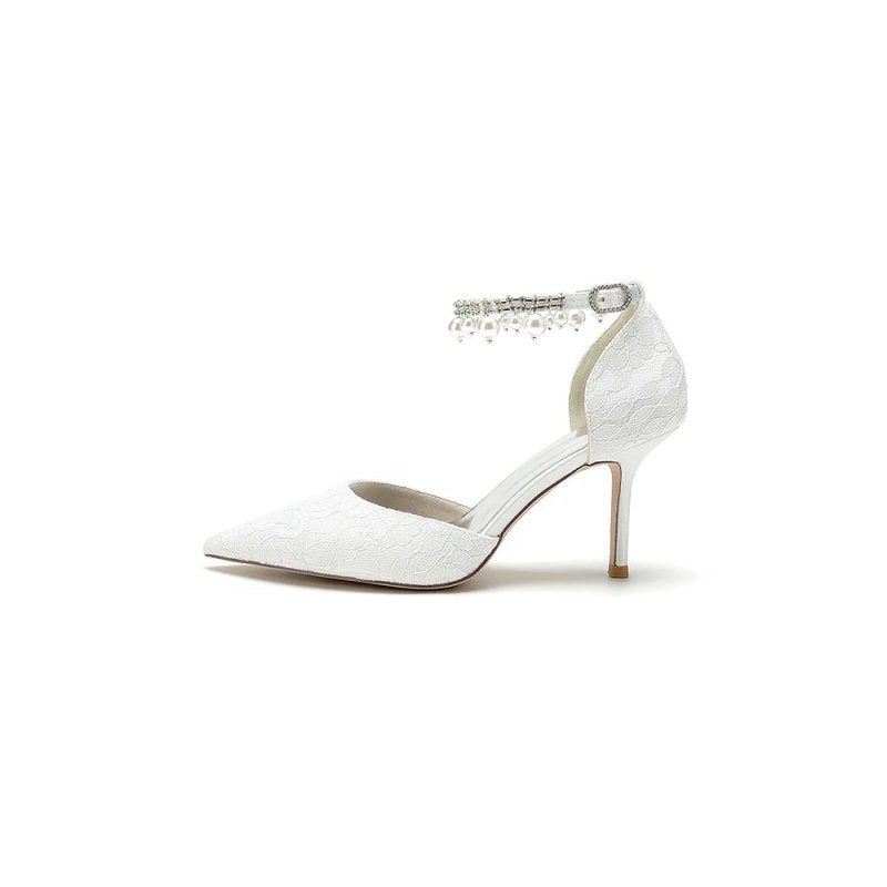 Pointed Toe Bridal Heels Pearl Strap