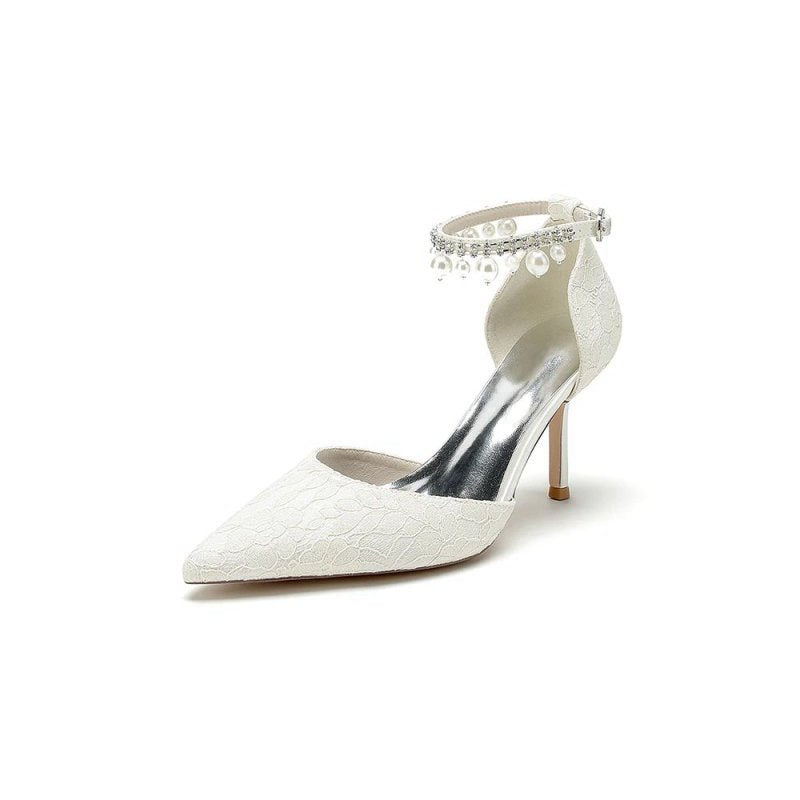 Pointed Toe Bridal Heels Pearl Strap