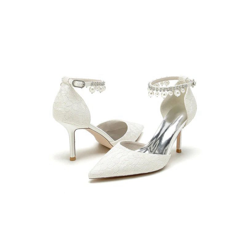 Pointed Toe Bridal Heels Pearl Strap