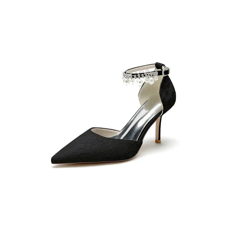 Pointed Toe Bridal Heels Pearl Strap