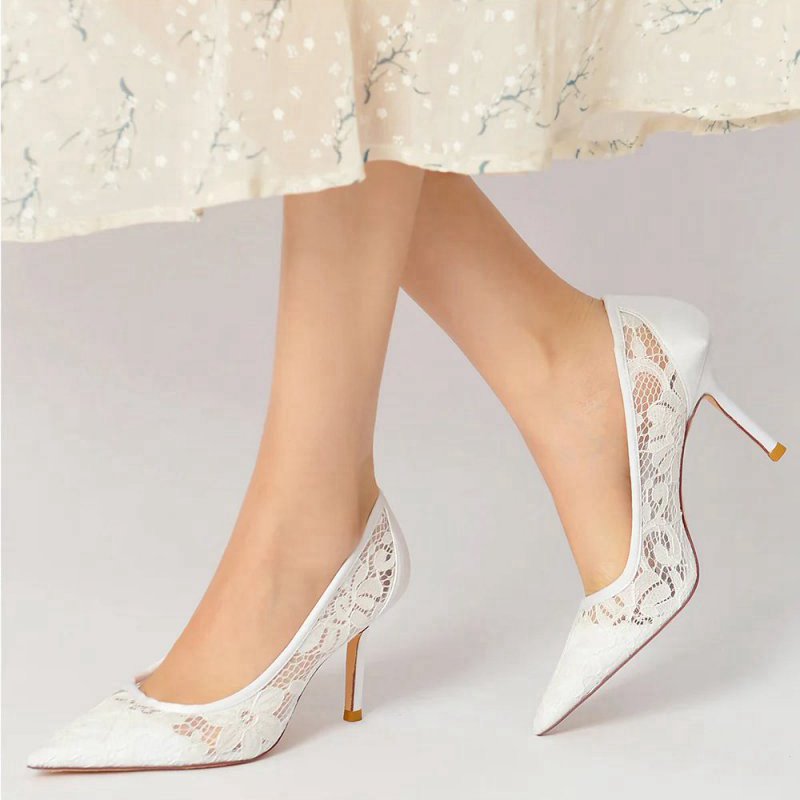 Pointed Toe Bridal Heels with Lace