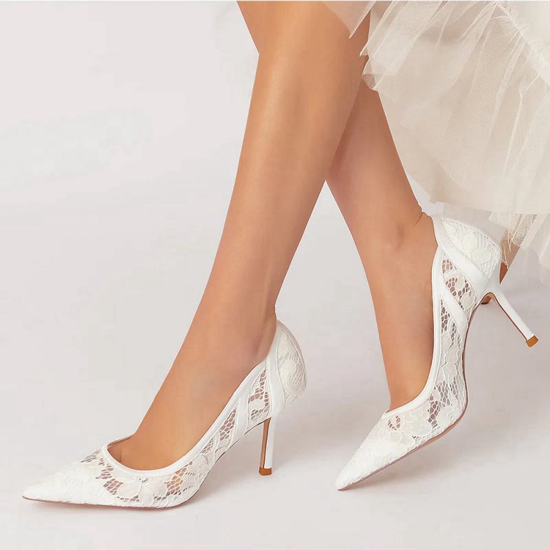 Pointed Toe Bridal Heels with Lace Appliques