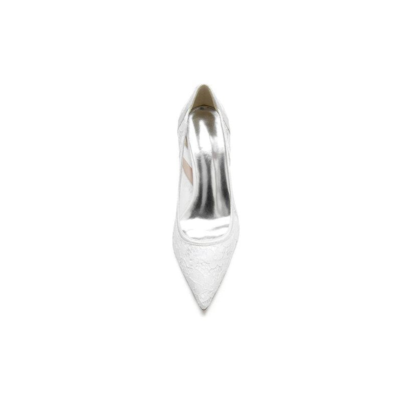 Pointed Toe Bridal Heels with Lace Appliques