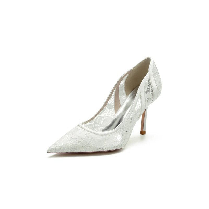 Pointed Toe Bridal Heels with Lace Appliques