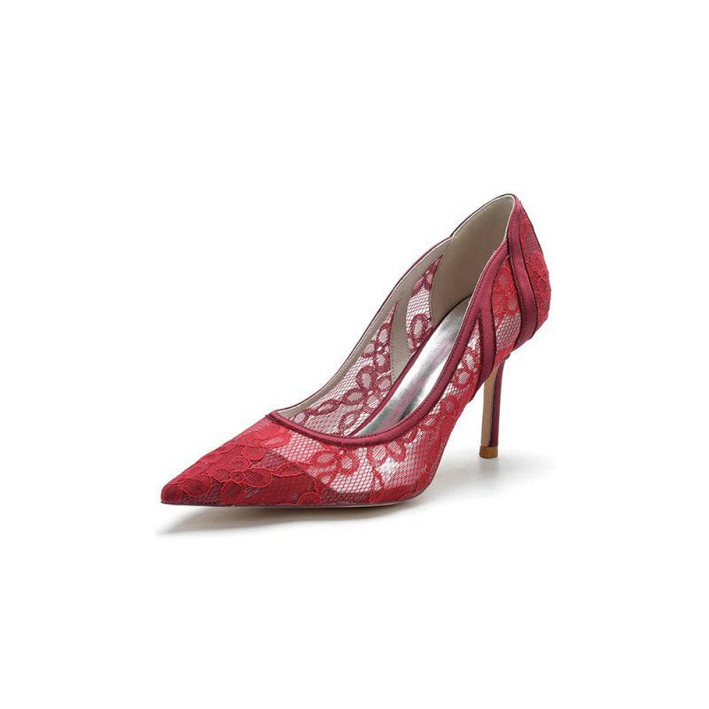 Pointed Toe Bridal Heels with Lace Appliques