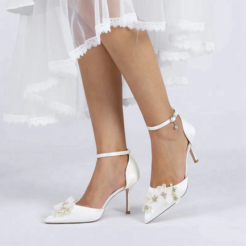 Women's Wedding Shoes Pointed Toe Ankle Strap Stiletto Heels with Rhinestone Flower