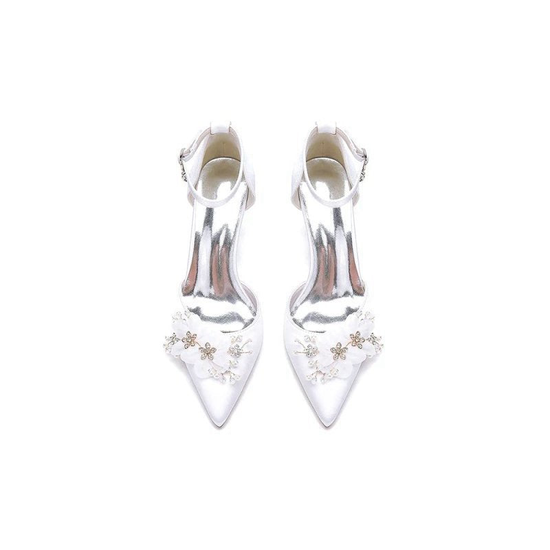 Women's Wedding Shoes Pointed Toe Ankle Strap Stiletto Heels with Rhinestone Flower