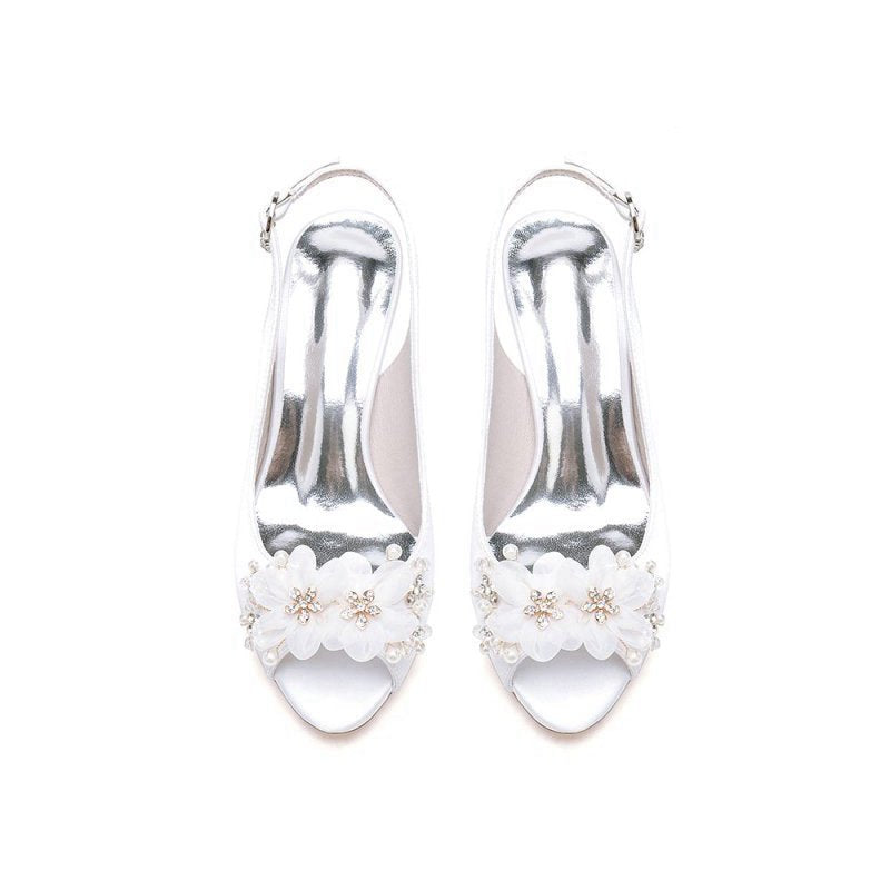 Peep Toe Slingback Beaded Chunky Wedding Shoes with Flowers
