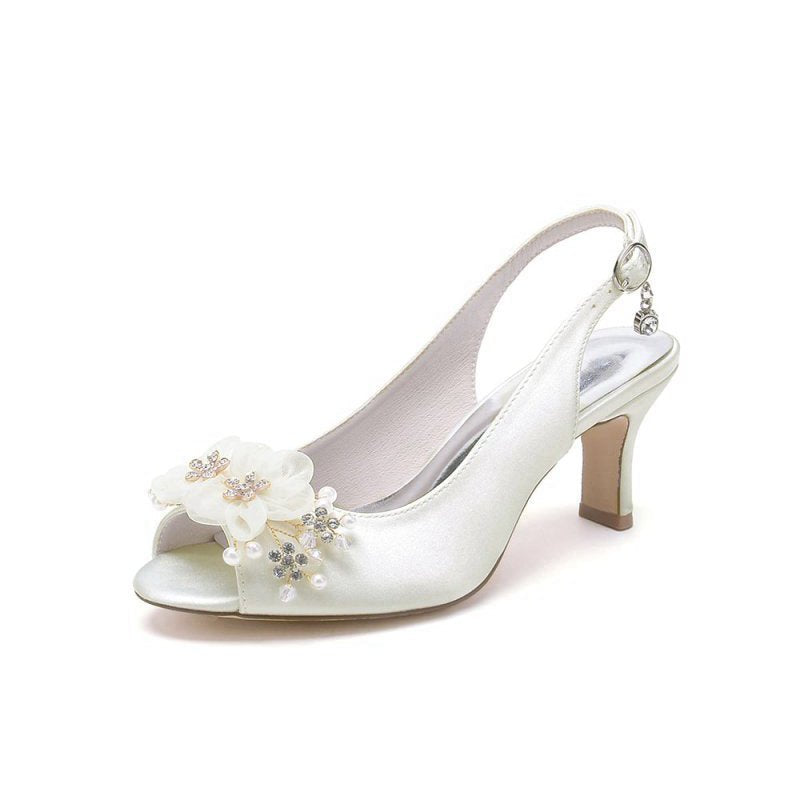 Peep Toe Slingback Beaded Chunky Wedding Shoes with Flowers