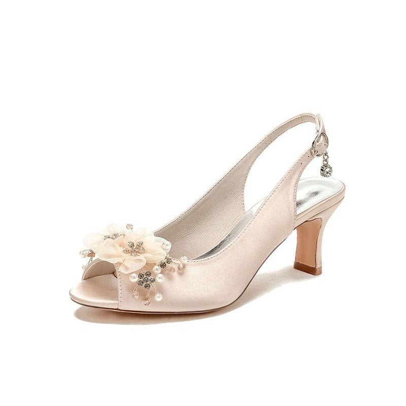 Peep Toe Slingback Beaded Chunky Wedding Shoes with Flowers