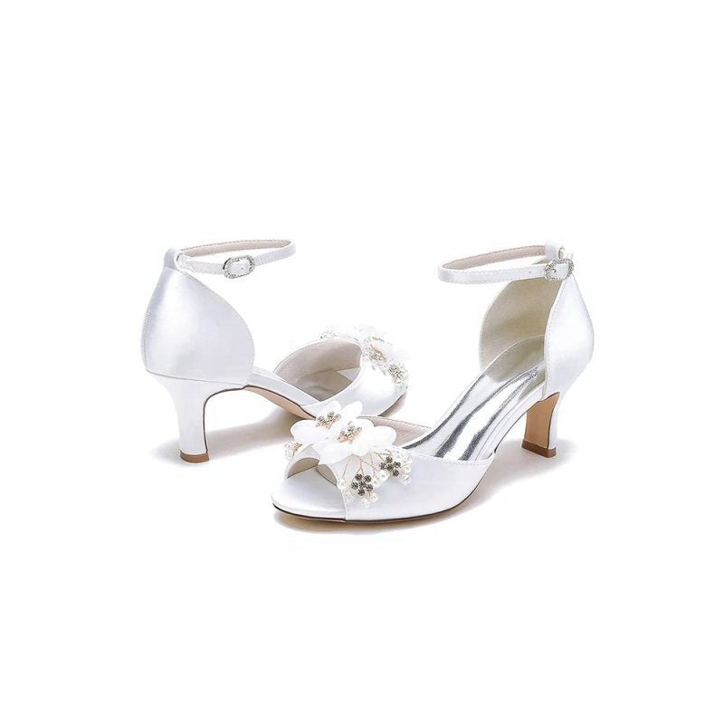 Peep Toe Rhinestone Chunky Heel Pumps with Flower