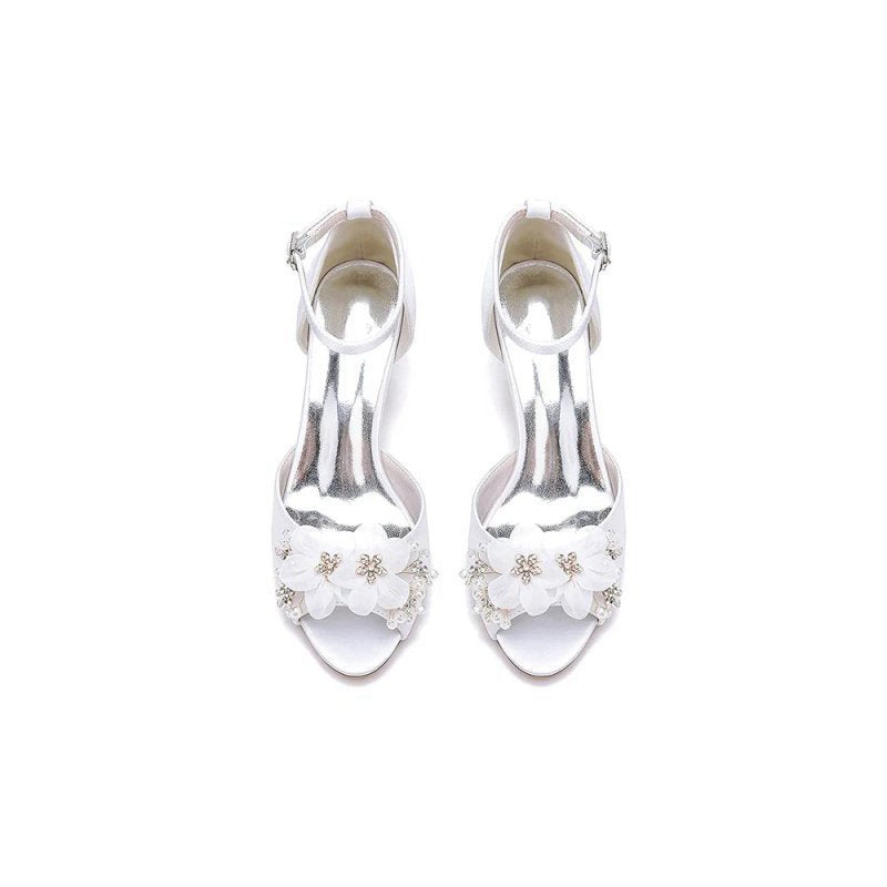 Peep Toe Rhinestone Chunky Heel Pumps with Flower