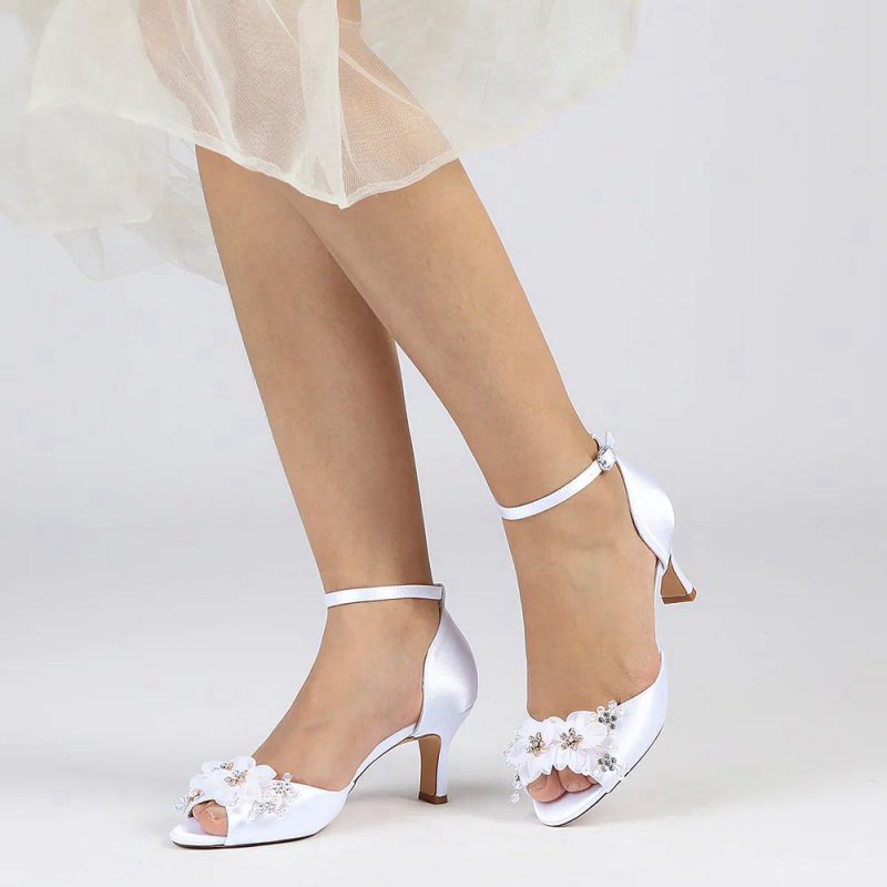 Peep Toe Rhinestone Chunky Heel Pumps with Flower
