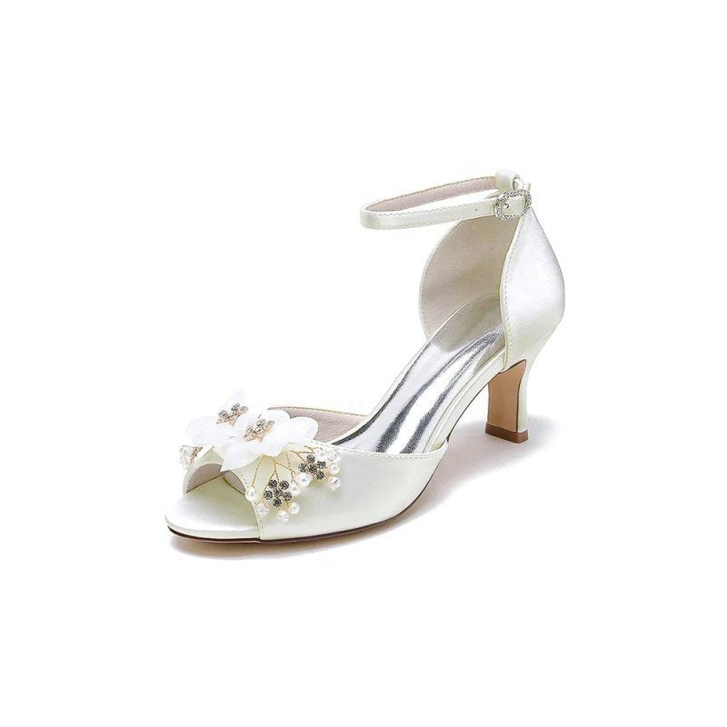 Peep Toe Rhinestone Chunky Heel Pumps with Flower