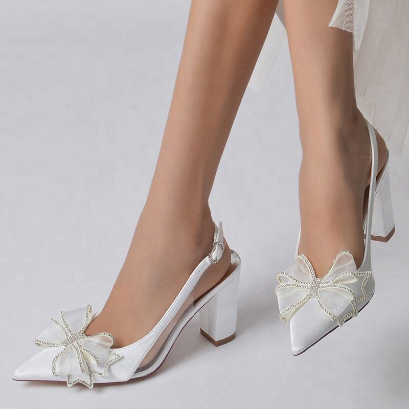 Pointed Toe Chunky Heels with Bow