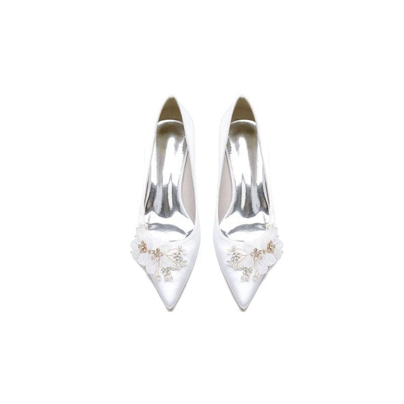 Pointed Toe Rhinestone Chunky Heels with Flower