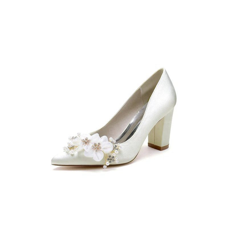 Pointed Toe Rhinestone Chunky Heels with Flower