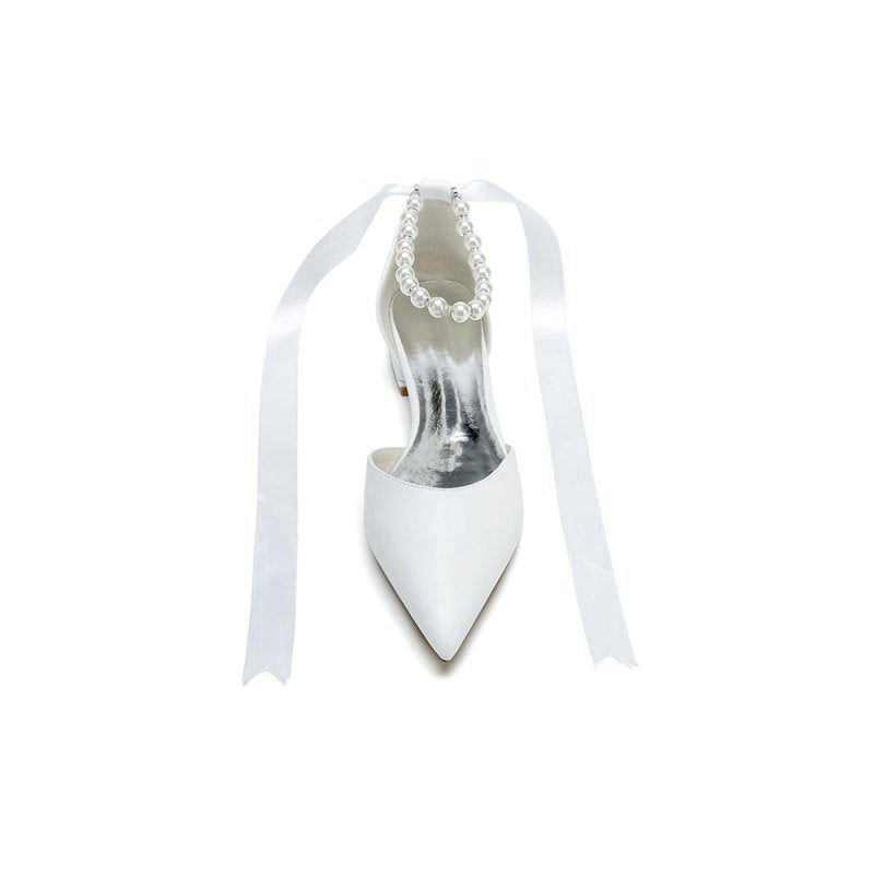 Pointed Toe Ankle Strap Pearl Beaded Ribbons Low Heels