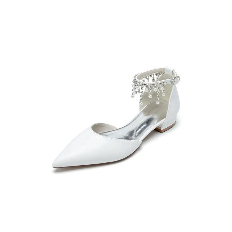 Pearl Beaded Ankle Strap Pointed Toe Low Heels
