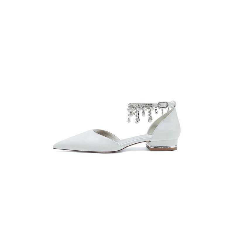 Pearl Beaded Ankle Strap Pointed Toe Low Heels
