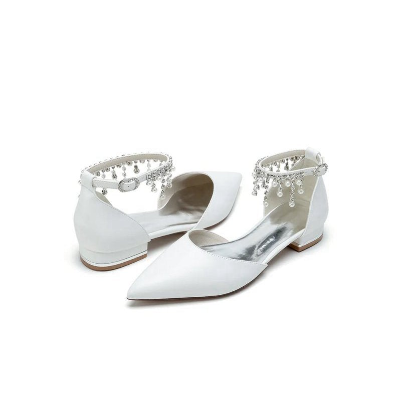 Pearl Beaded Ankle Strap Pointed Toe Low Heels