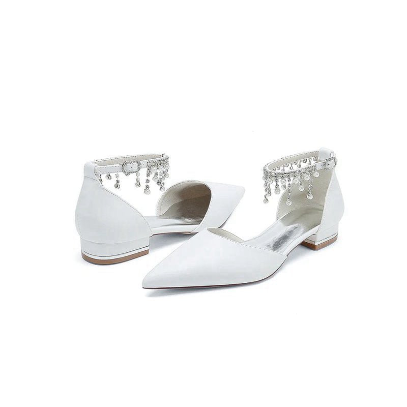 Pearl Beaded Ankle Strap Pointed Toe Low Heels