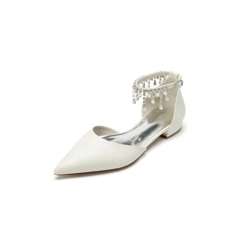 Pearl Beaded Ankle Strap Pointed Toe Low Heels