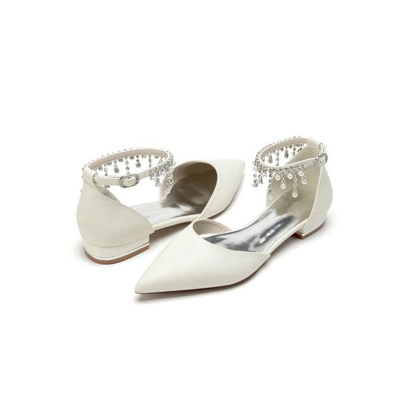 Pearl Beaded Ankle Strap Pointed Toe Low Heels