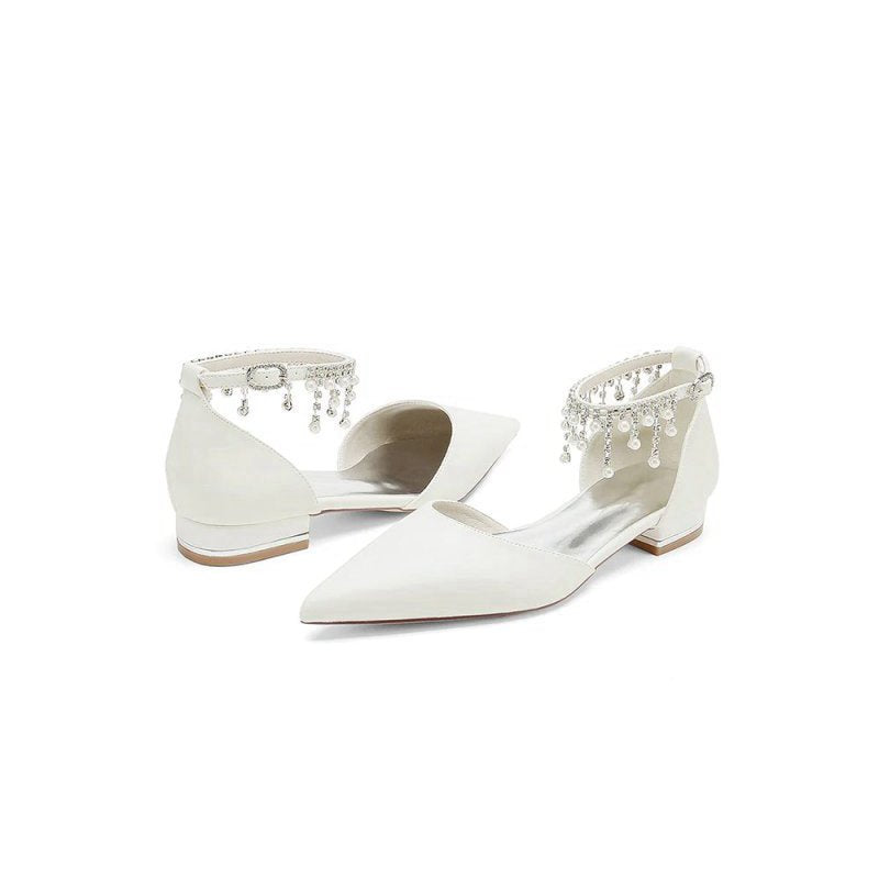 Pearl Beaded Ankle Strap Pointed Toe Low Heels