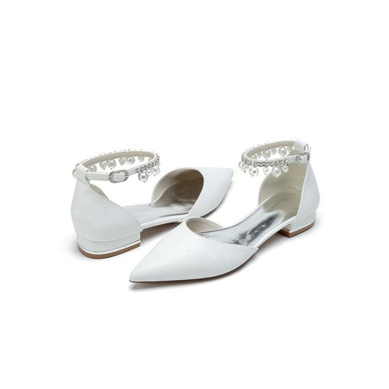 Pointed Toe Ankle Strap Pearl Beaded Low Heels