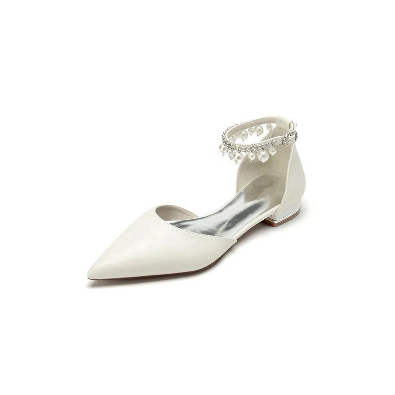 Pointed Toe Ankle Strap Pearl Beaded Low Heels