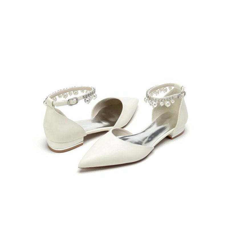 Pointed Toe Ankle Strap Pearl Beaded Low Heels