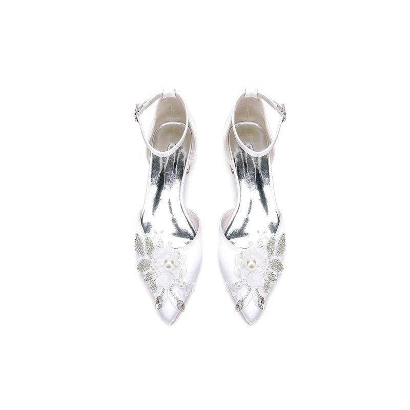 Pointed Toe Ankle Strap Low Heels with Rhinestone