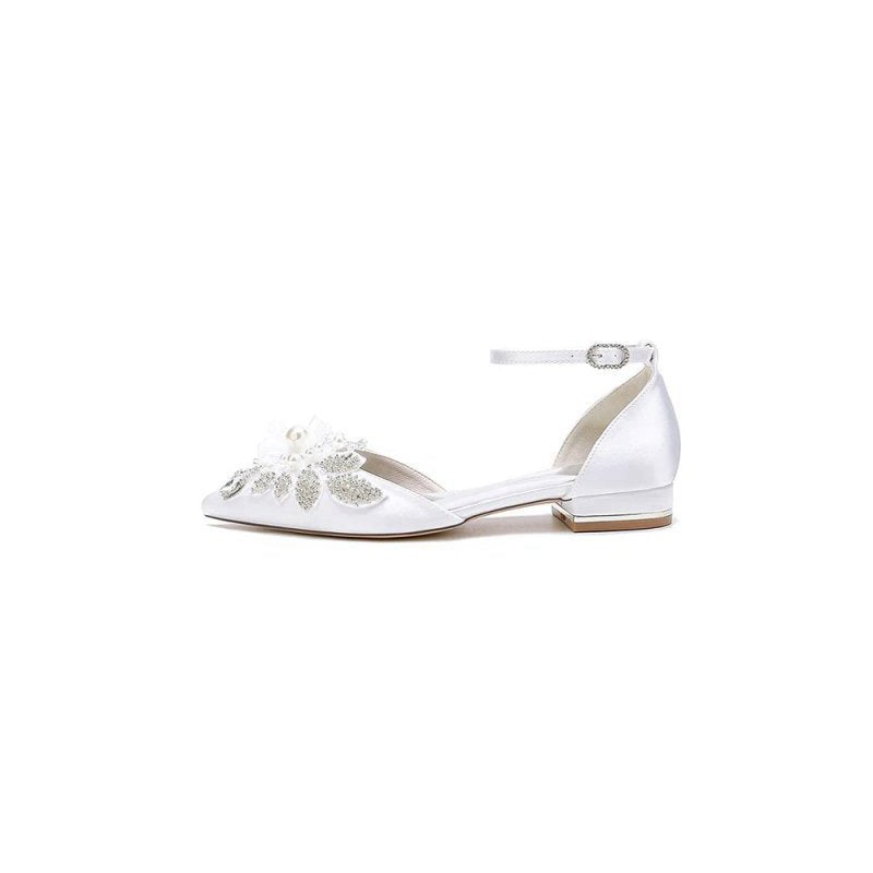 Pointed Toe Ankle Strap Low Heels with Rhinestone