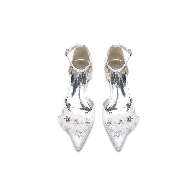 Ankle Strap Pointed Toe Low Heels with Rhinestone Flower