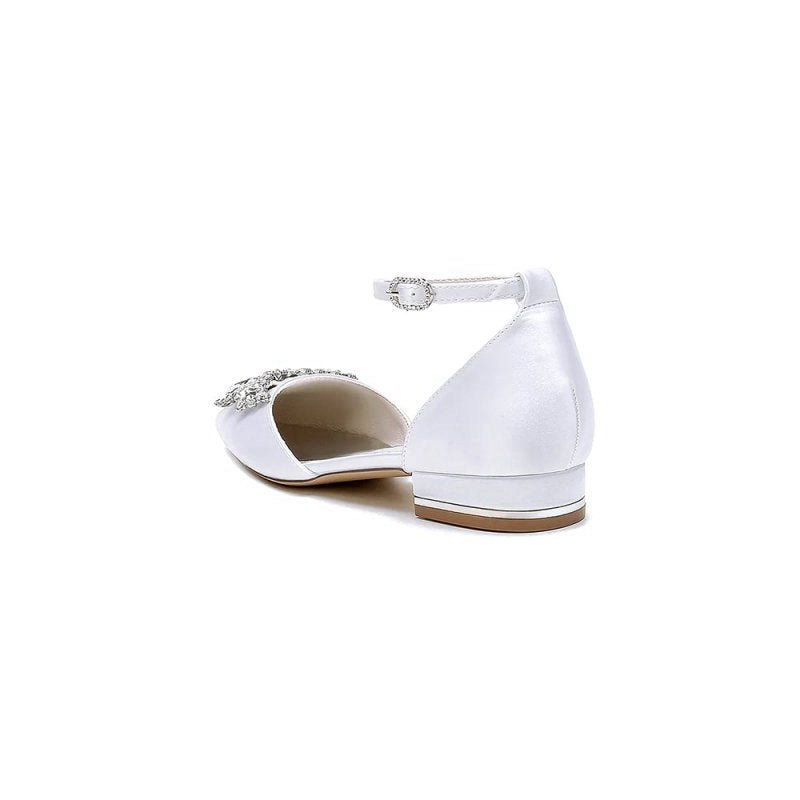 Ankle Strap Pointed Toe Low Heels with Rhinestone Flower